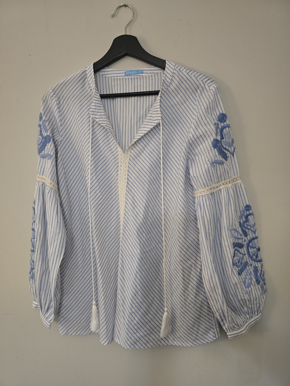 Blue & White Striped Embroidered Peasant Blouse